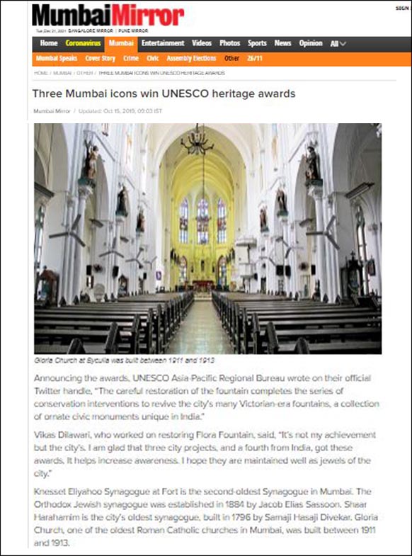 Three Mumbai Icons win UNESCO Heritage awards, Mumbai Mirror